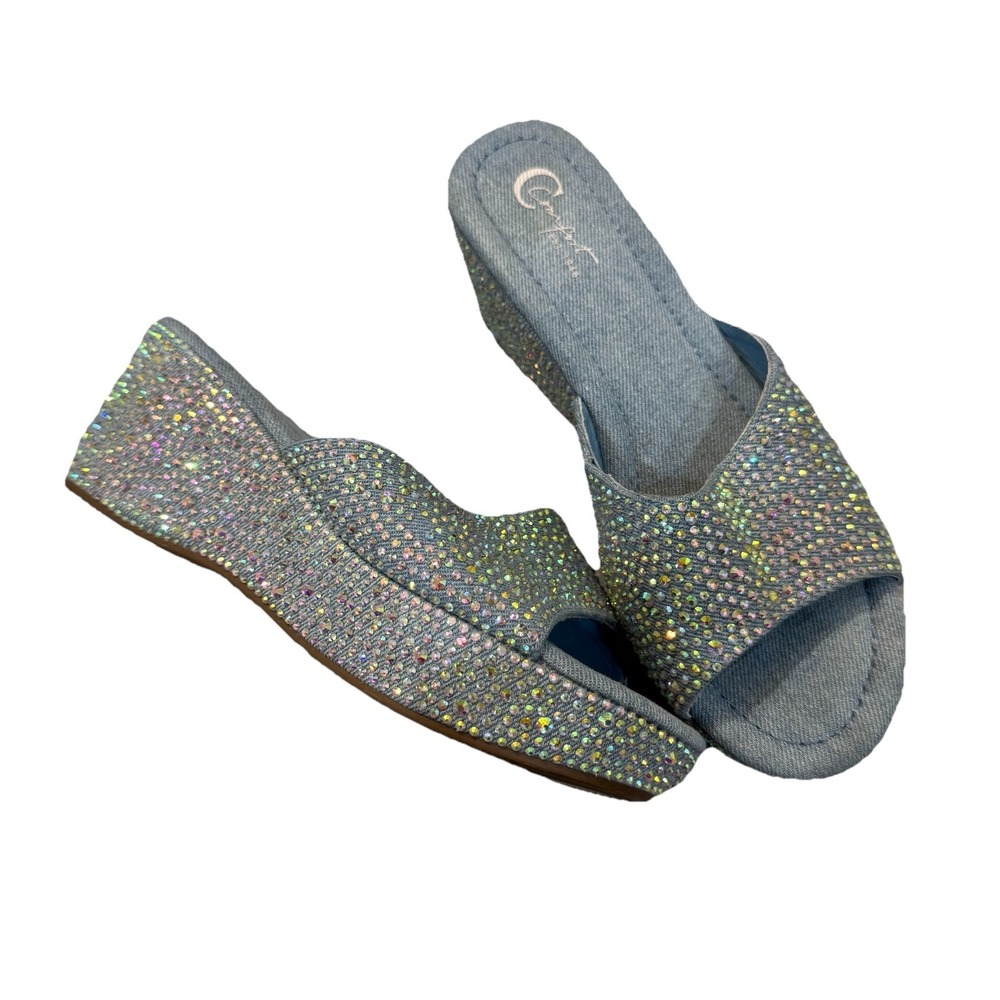 C‎ Comfort Sz 7 M Wedge Heel Sandal Denim Rhinestone Diamonds Open Toe Y2K Glam